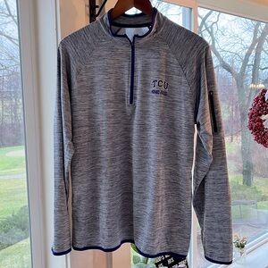 Men’s quarter zip TCU med gray and purple.